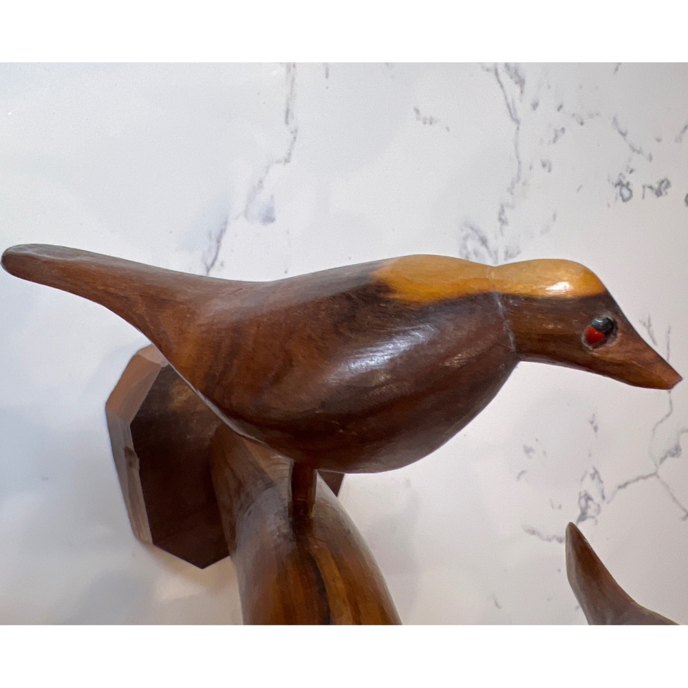 Vintage Hand Carved Wood Bird Tree Sculpture 5 Birds on Branch Folk Art MCM - Picture 8 of 12